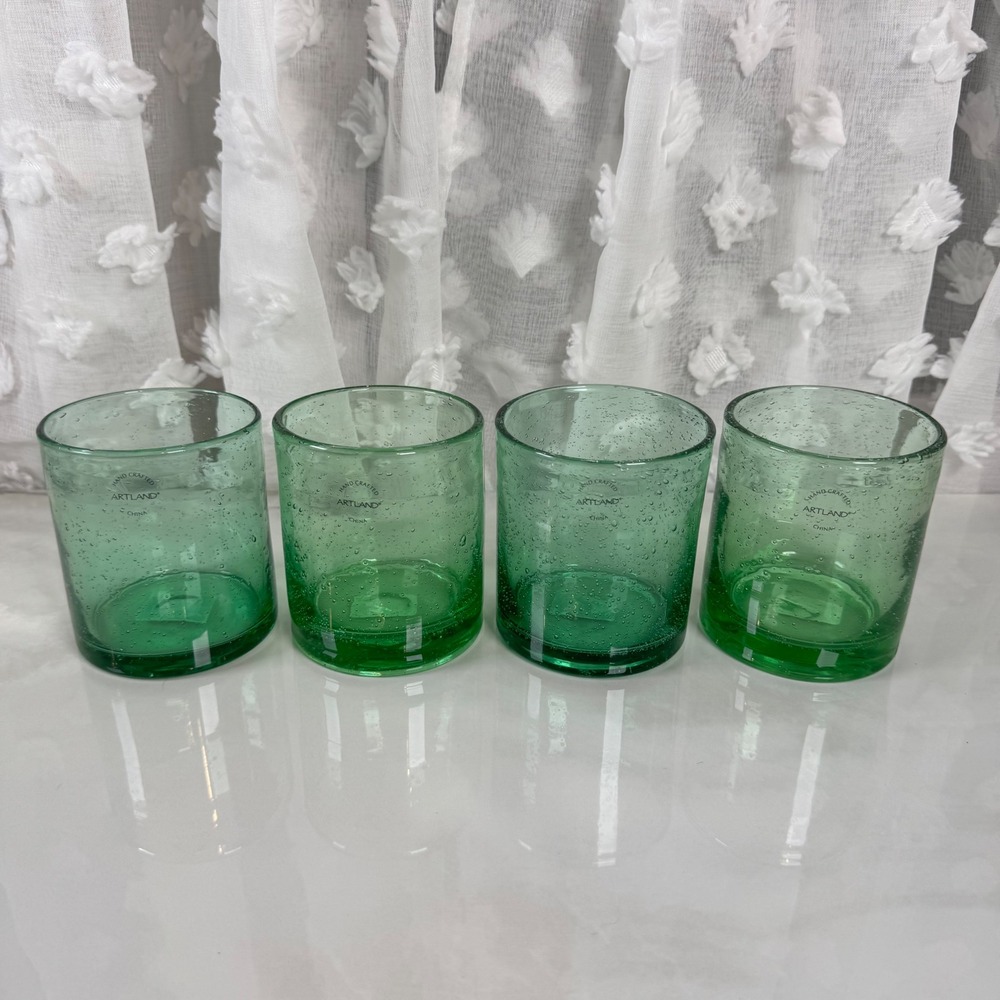 Artland Iris Double Old Fashioned Seeded Glass Set of 4 Lt Green Handblown 14 oz